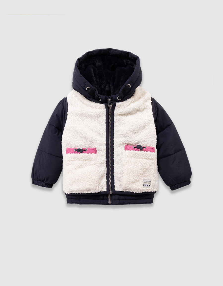 chaqueta azul marino y chaleco crudo 2 en 1 para niña