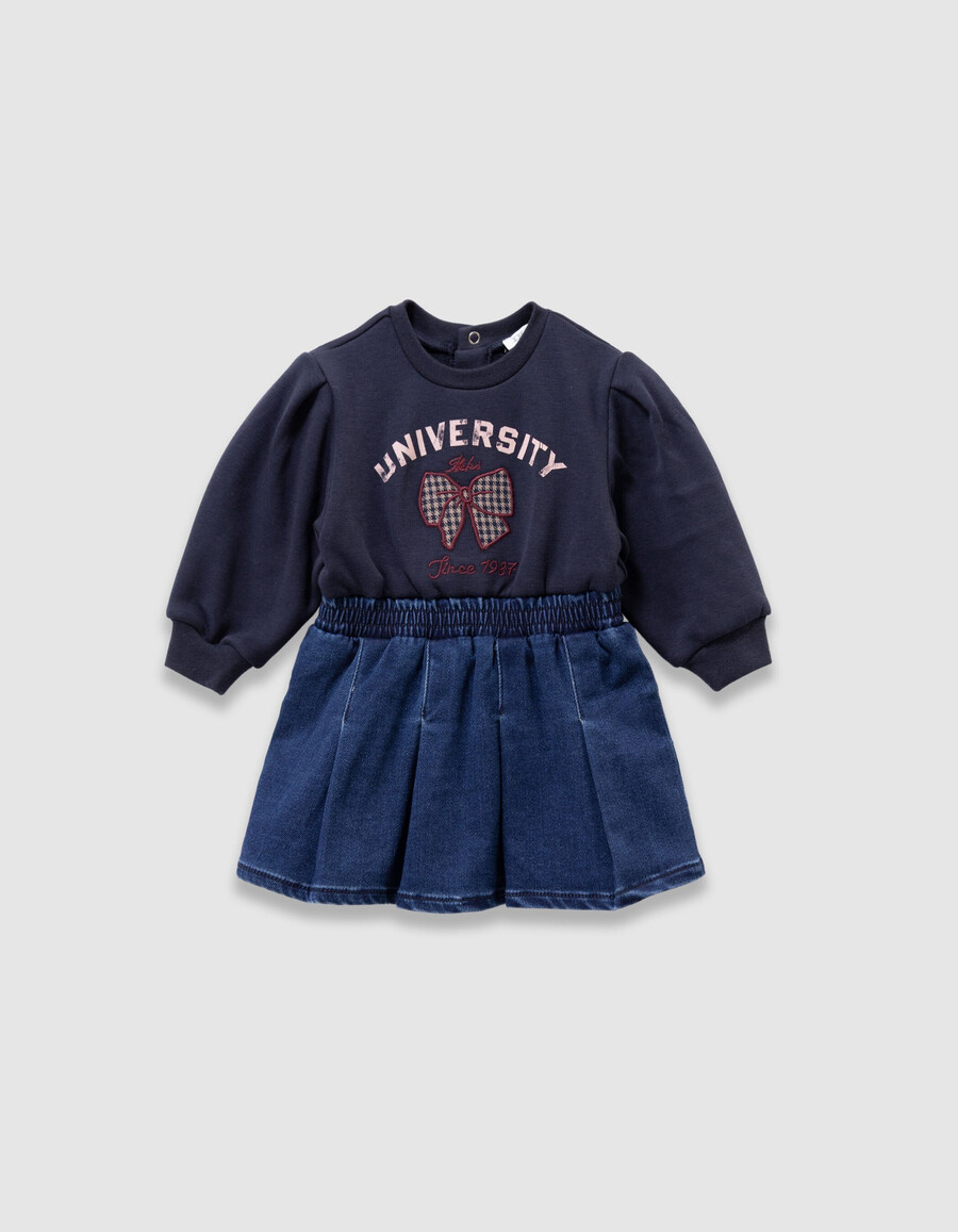 vestido de bebé niña azul marino de tela mixta lazo y bordado