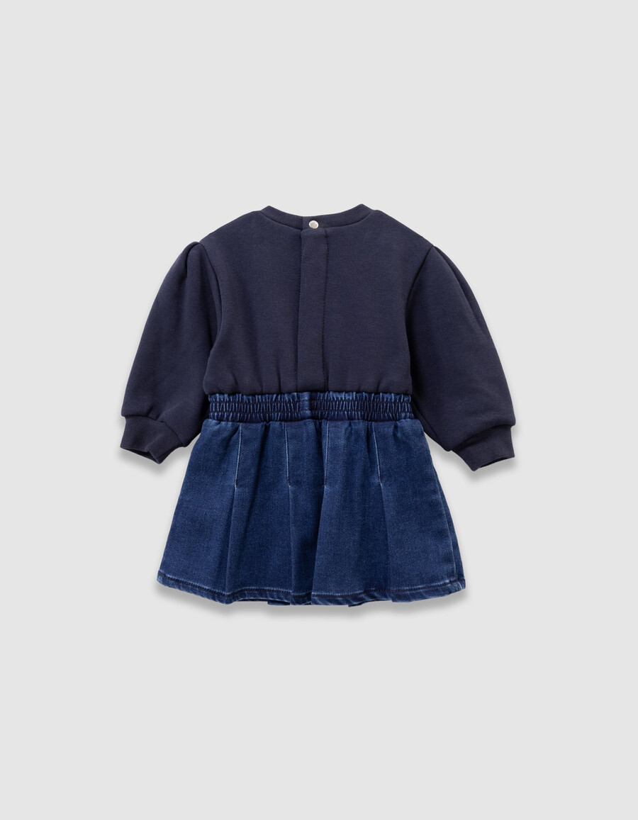 vestido de bebé niña azul marino de tela mixta lazo y bordado