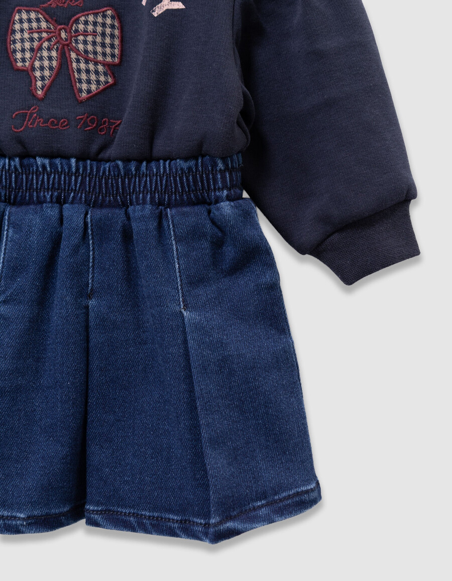 vestido de bebé niña azul marino de tela mixta lazo y bordado