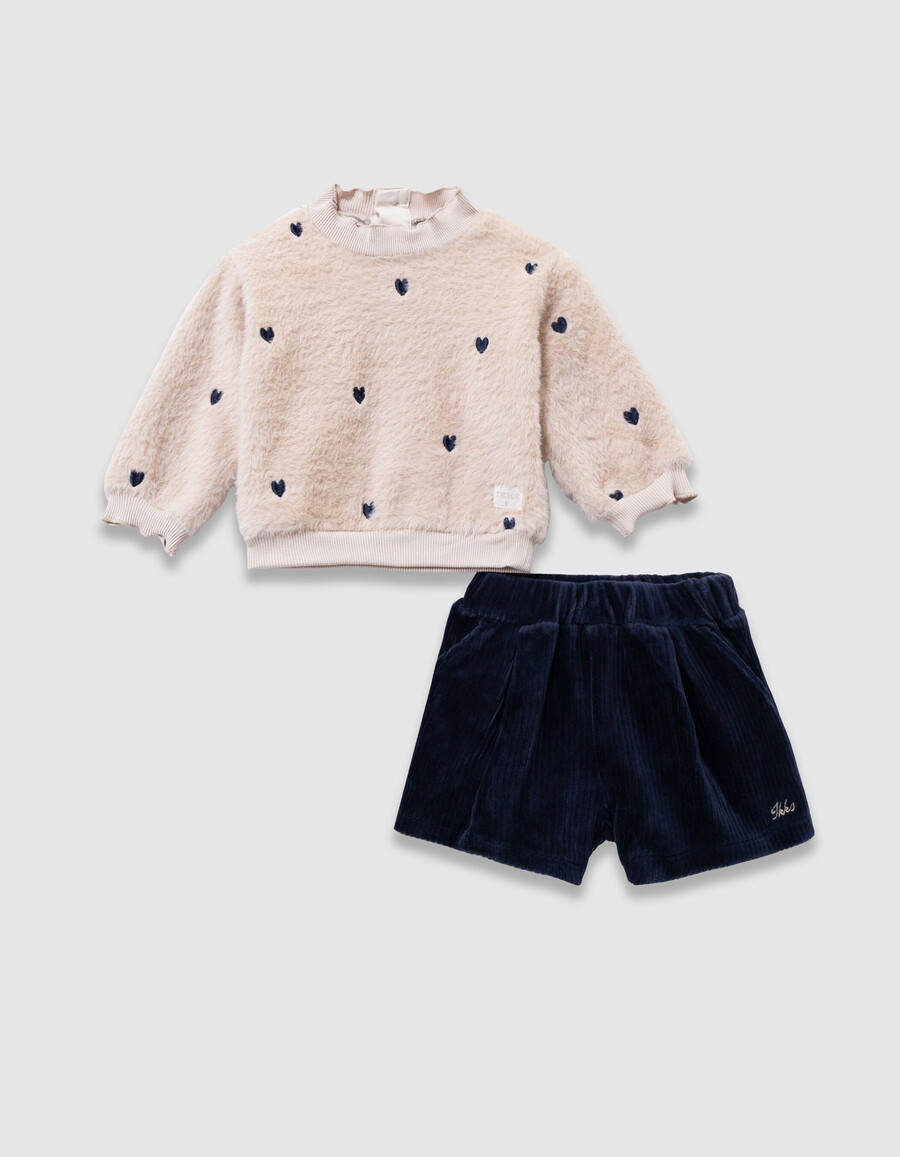 conjunto de sudadera beige y pantalones cortos de terciopelo para bebé niña