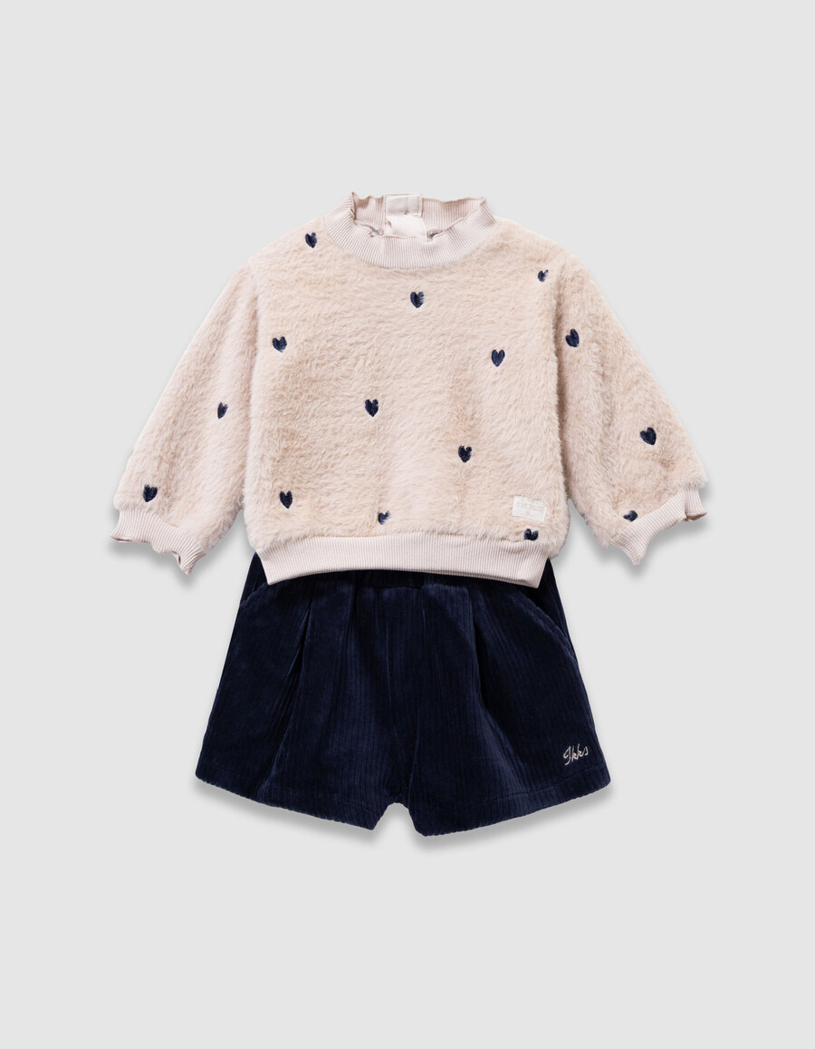 conjunto de sudadera beige y pantalones cortos de terciopelo para bebé niña