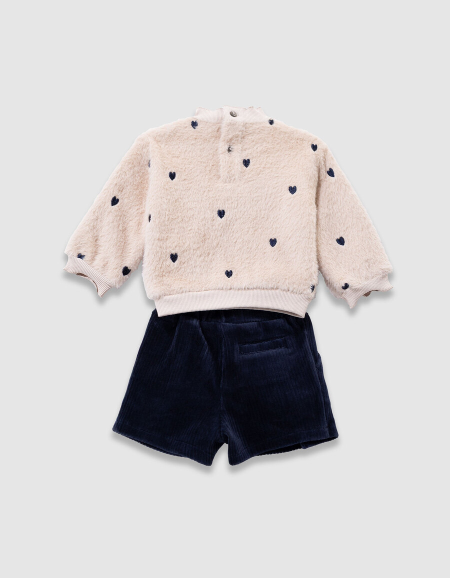 conjunto de sudadera beige y pantalones cortos de terciopelo para bebé niña