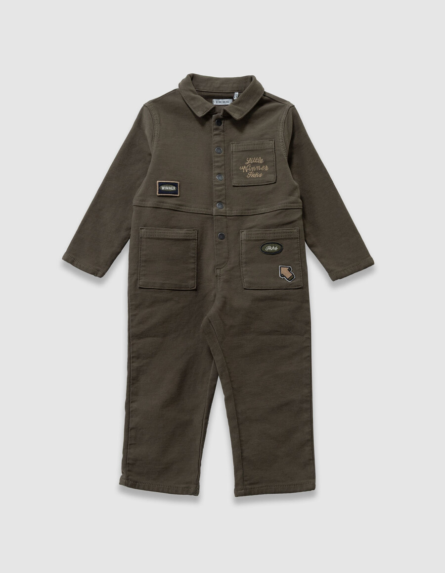 mono caqui para bebé niño con insignias y bordados