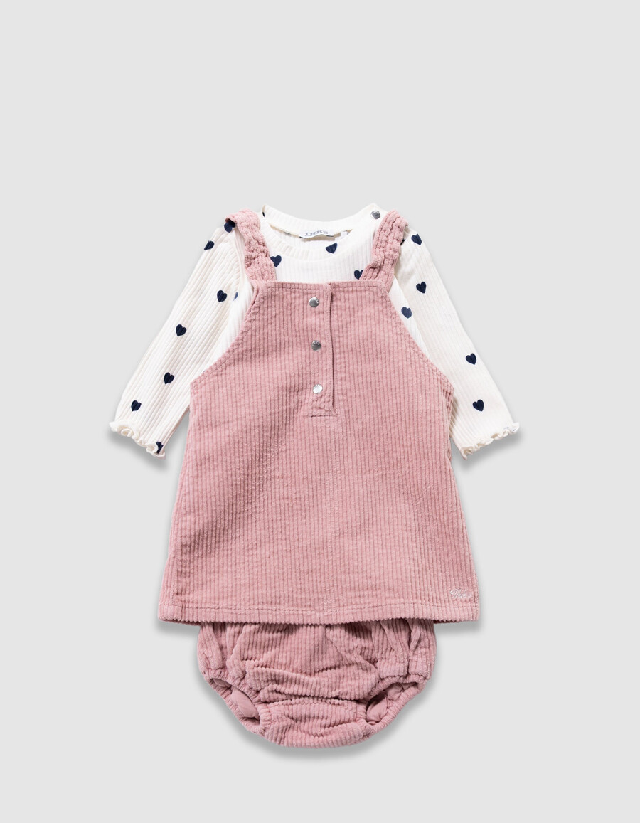 conjunto de camiseta blanca vestido y pantalones bombachos con rosas para bebé niña