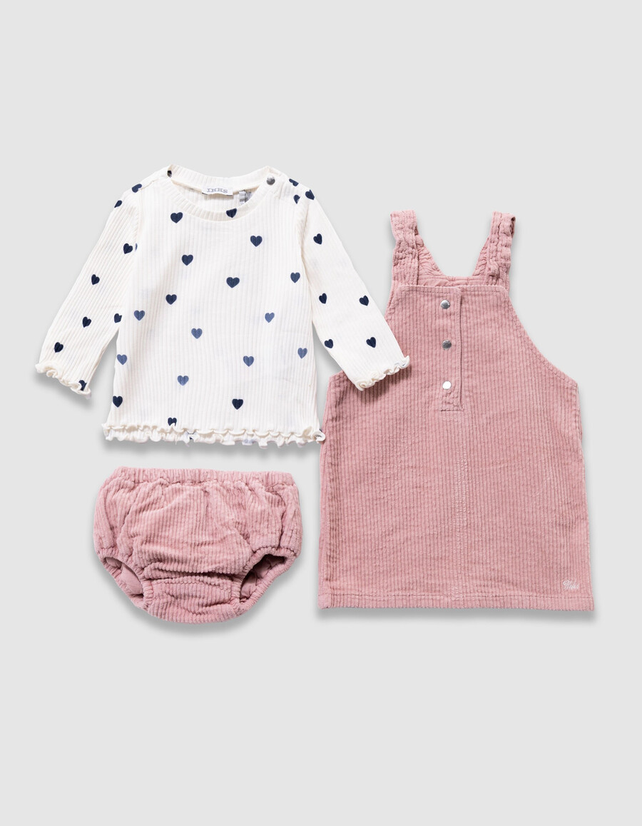 conjunto de camiseta blanca vestido y pantalones bombachos con rosas para bebé niña