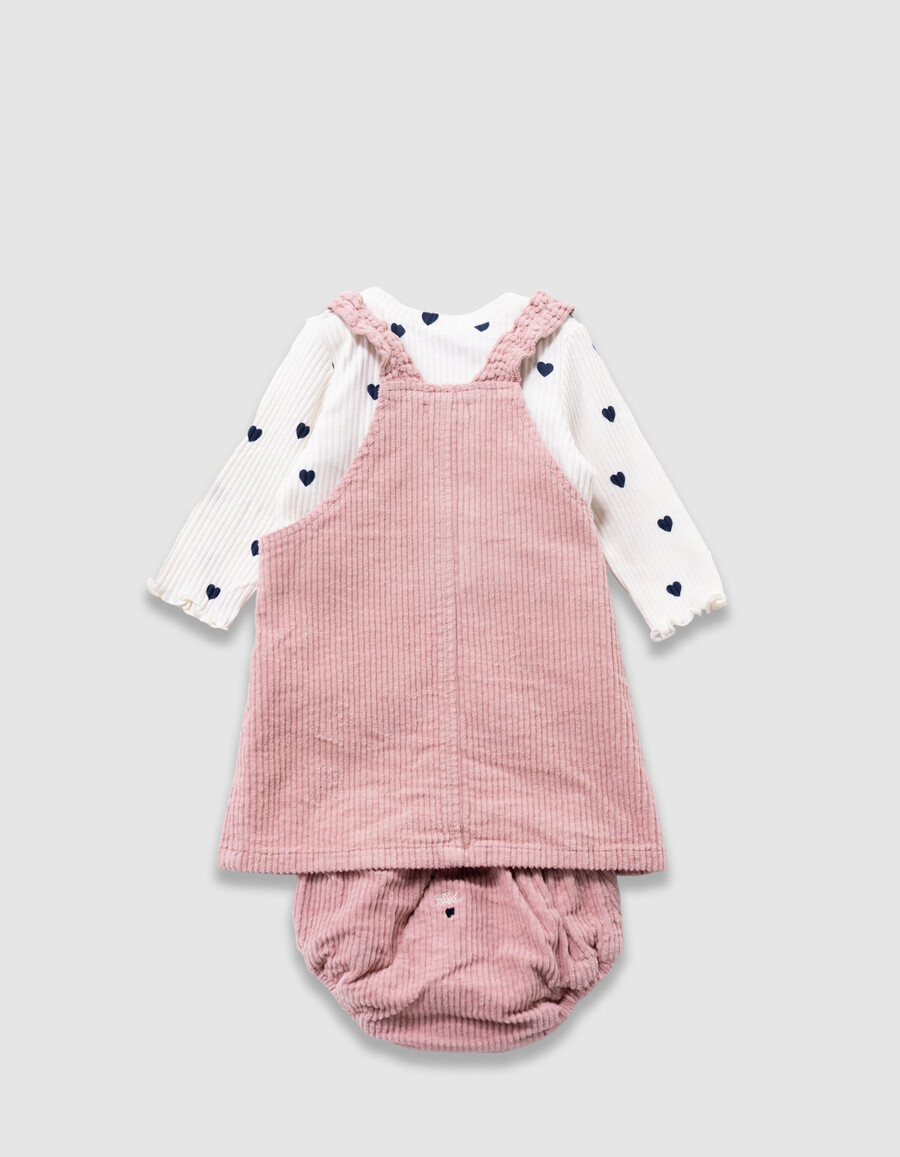 conjunto de camiseta blanca vestido y pantalones bombachos con rosas para bebé niña