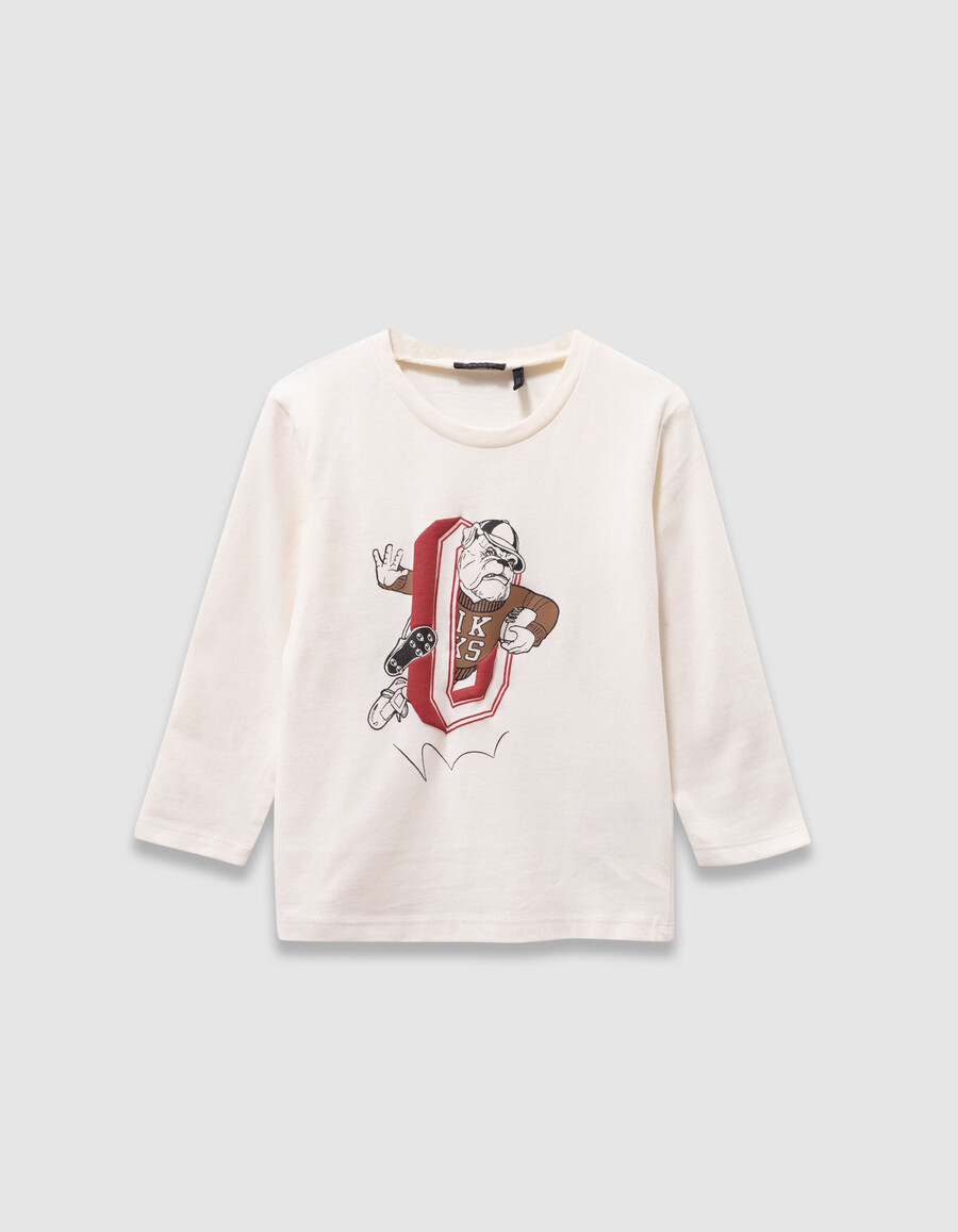 camiseta de algodón orgánico color crudo para niño con perro y jugador de rugby