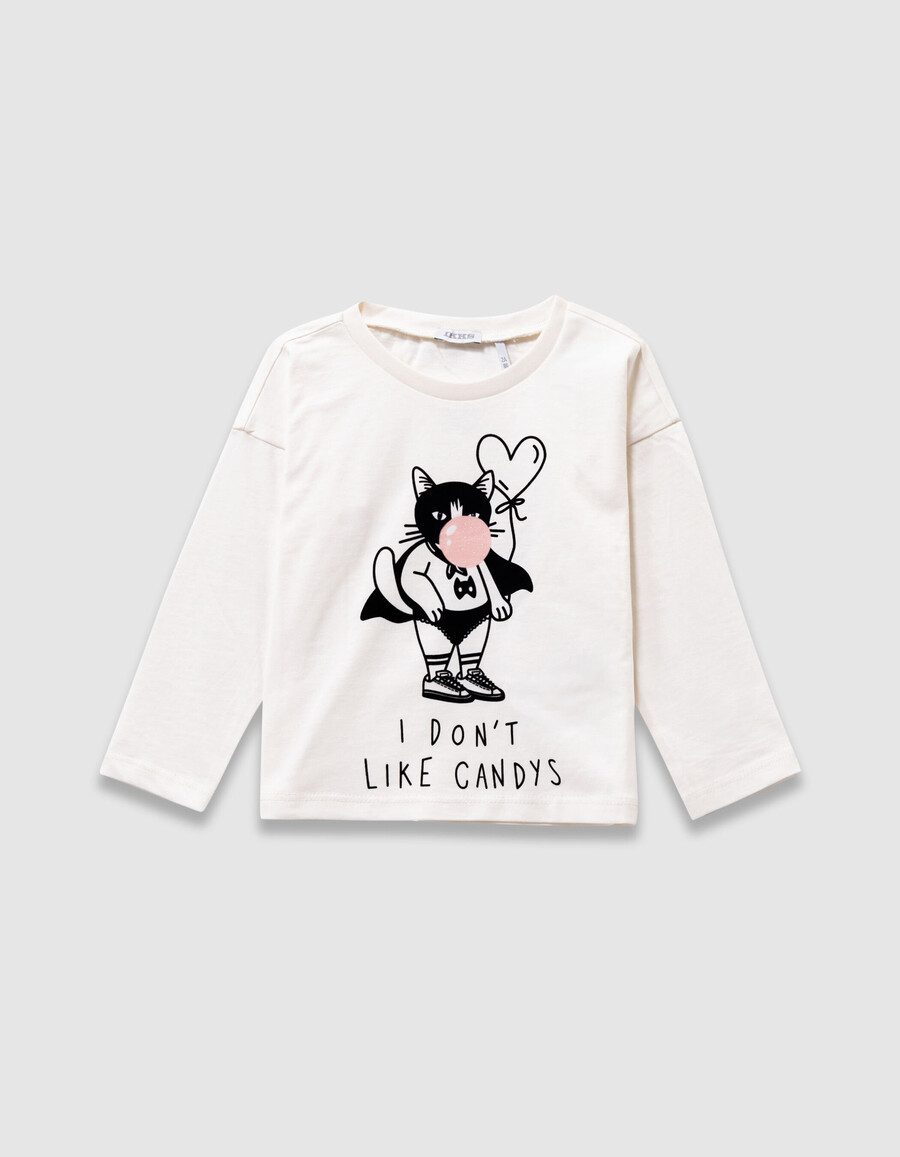 camiseta de manga larga color crudo para niña con supergato