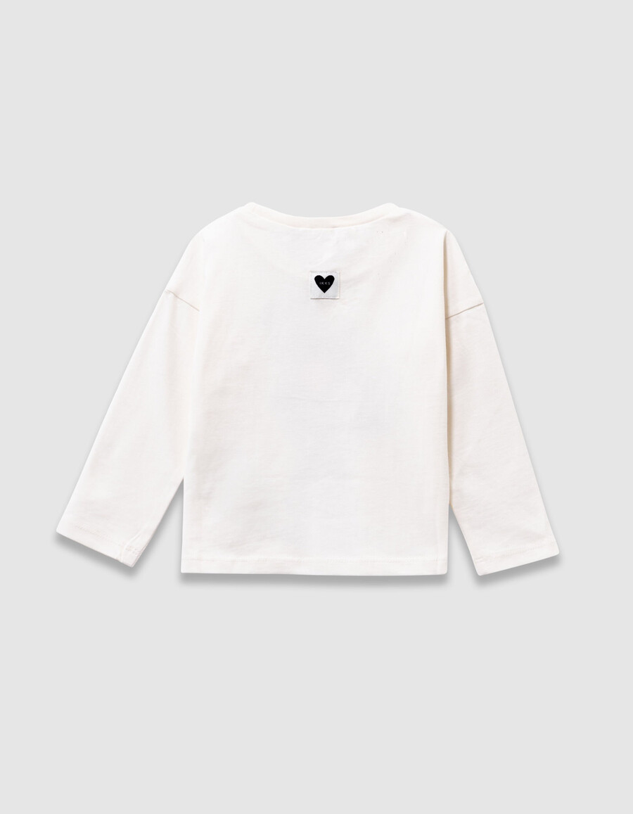 camiseta de manga larga color crudo para niña con supergato
