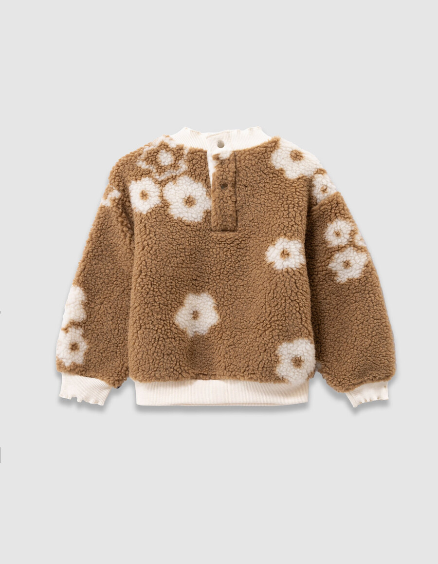 sudadera sherpa beige con estampado floral para niña