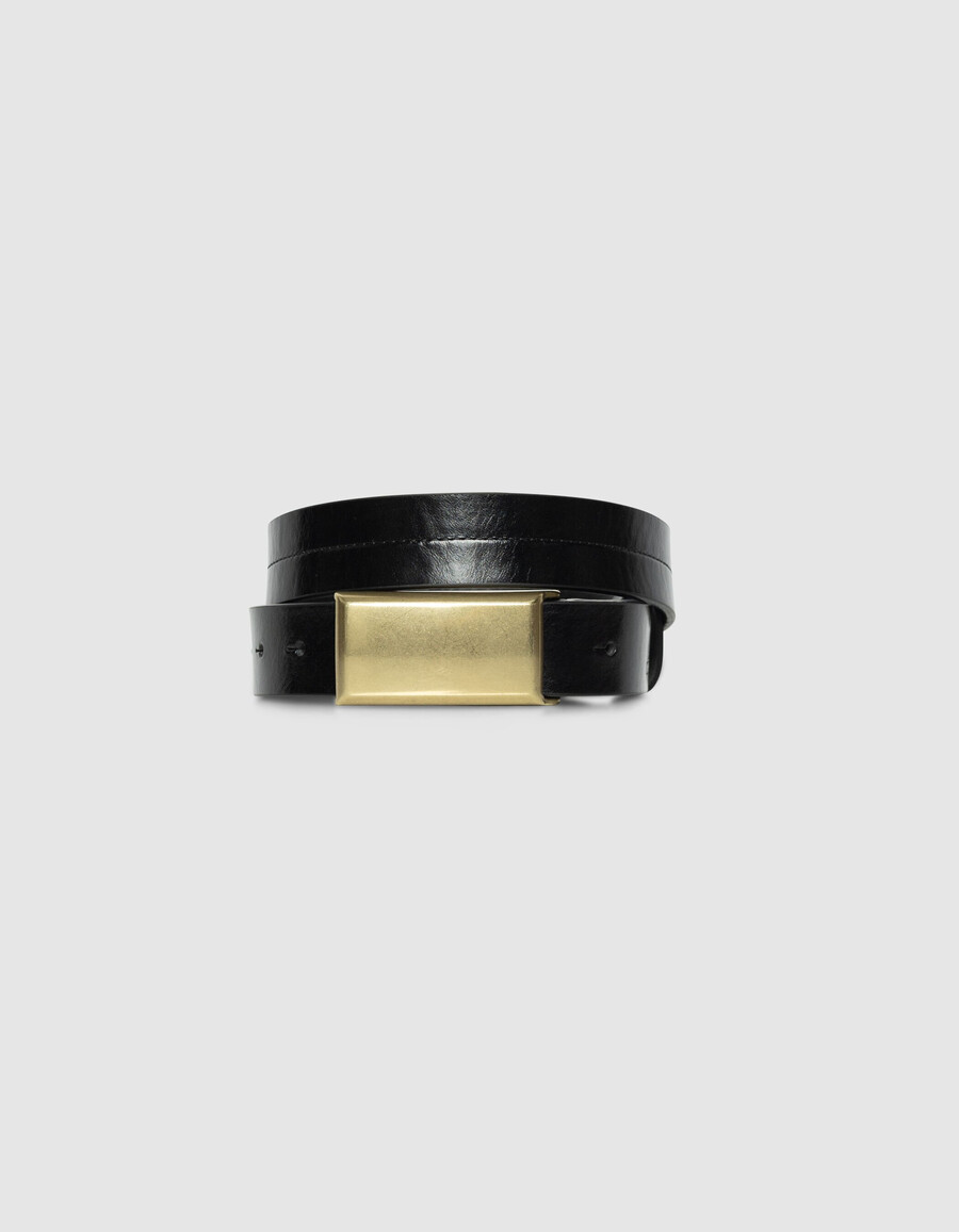 cinturón de cuero negro para mujer con hebilla de metal amarillo