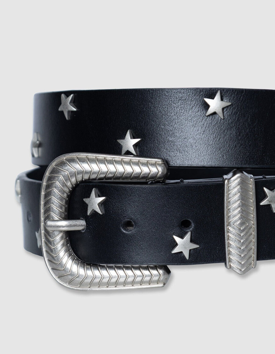 cinturón de cuero negro para mujer con remaches de estrella