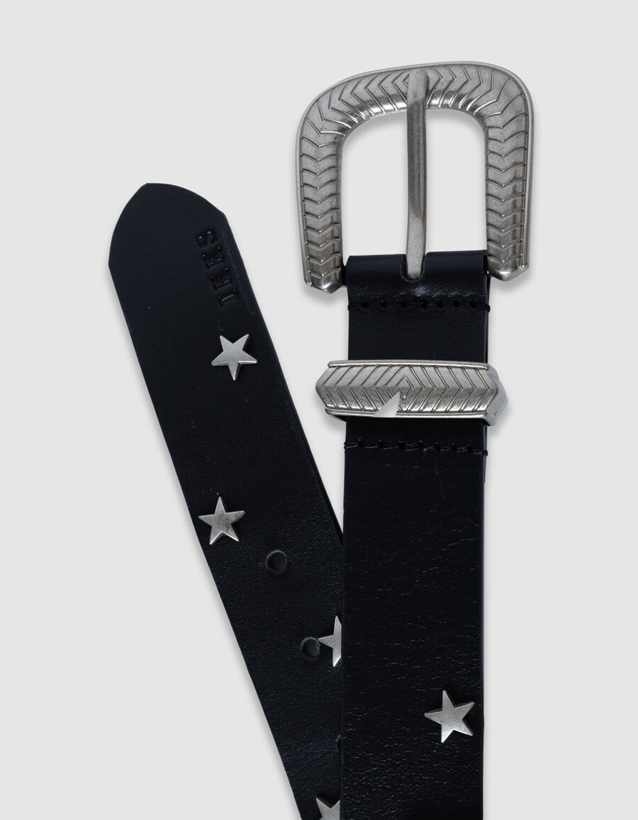 cinturón de cuero negro para mujer con remaches de estrella