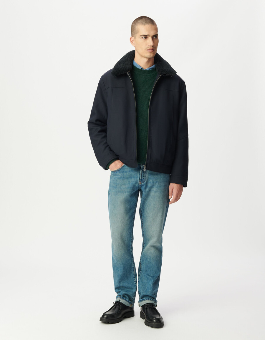 chaqueta de vuelo corta azul marino para hombre con cuello desmontable