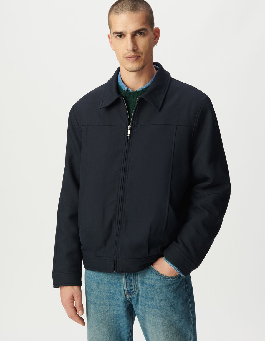 chaqueta de vuelo corta azul marino para hombre con cuello desmontable