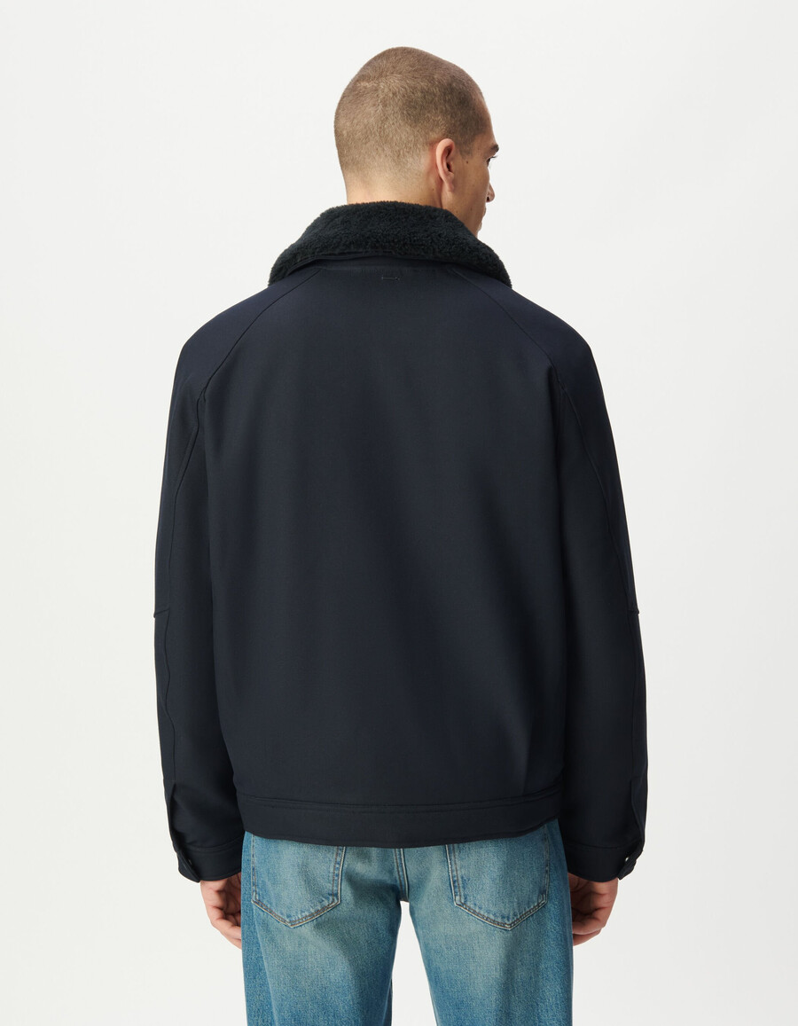 chaqueta de vuelo corta azul marino para hombre con cuello desmontable
