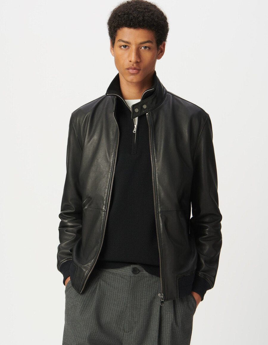 chaqueta de cuero negra para hombre con ribete acanalado