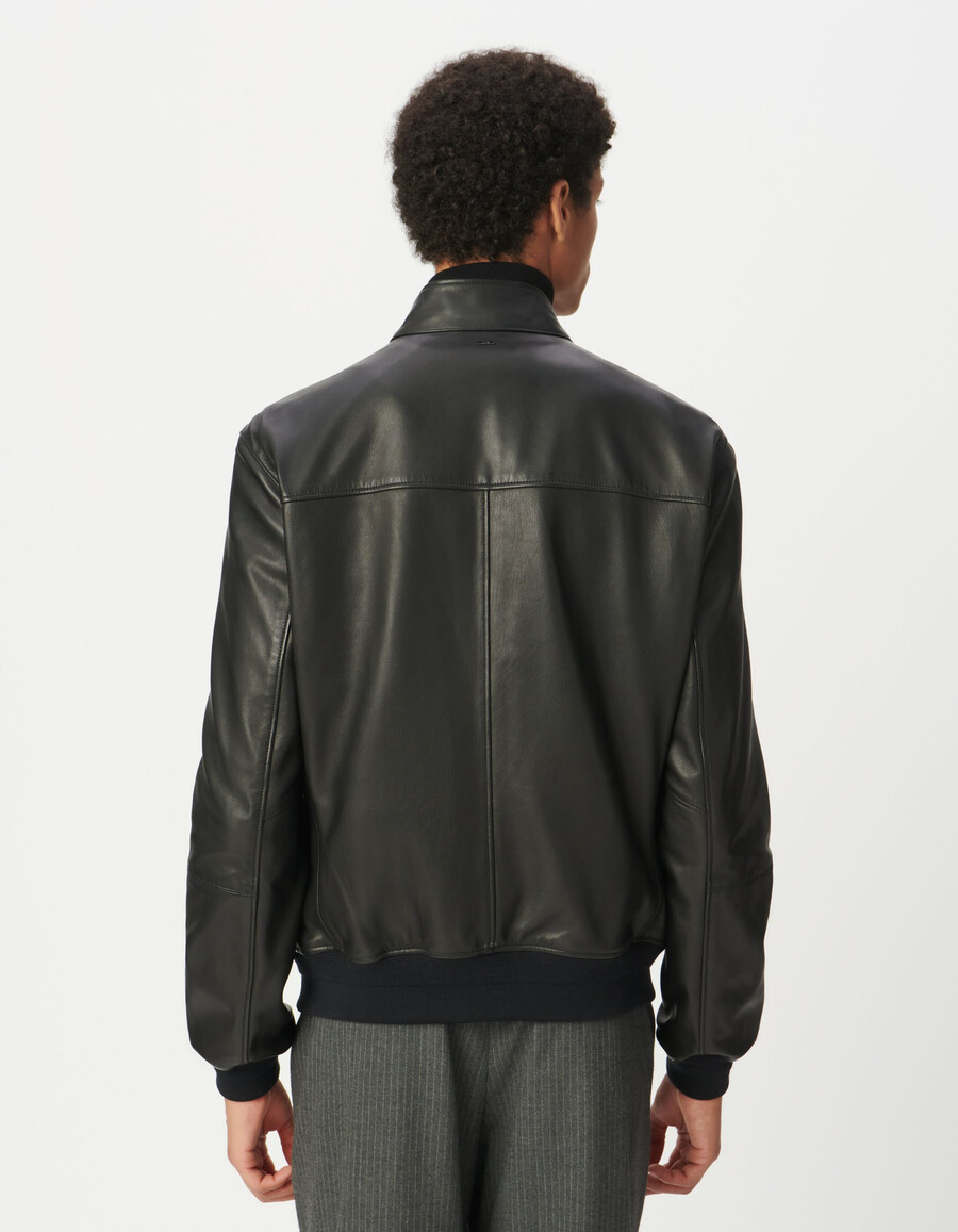 chaqueta de cuero negra para hombre con ribete acanalado