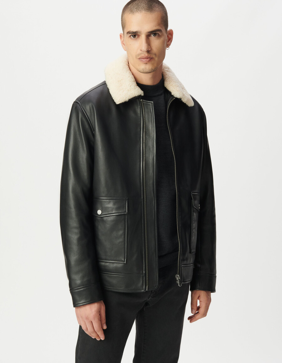 chaqueta de vuelo de cuero negro para hombre con sherpa desmontable