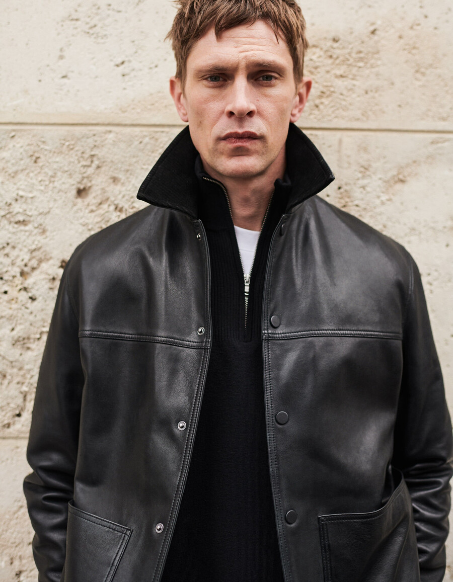 chaqueta de cuero negra para hombre con cuello de pana de cuero