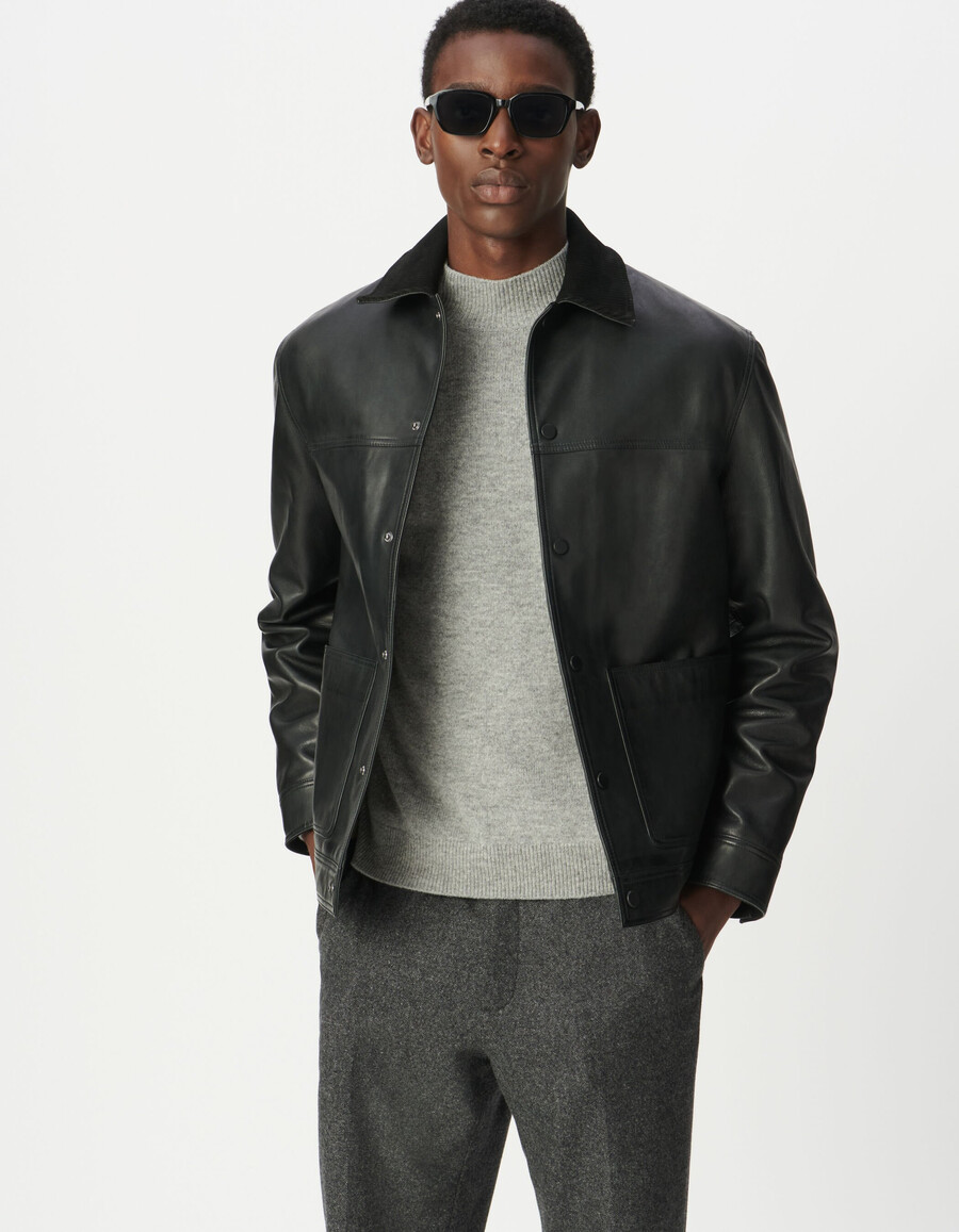 chaqueta de cuero negra para hombre con cuello de pana de cuero
