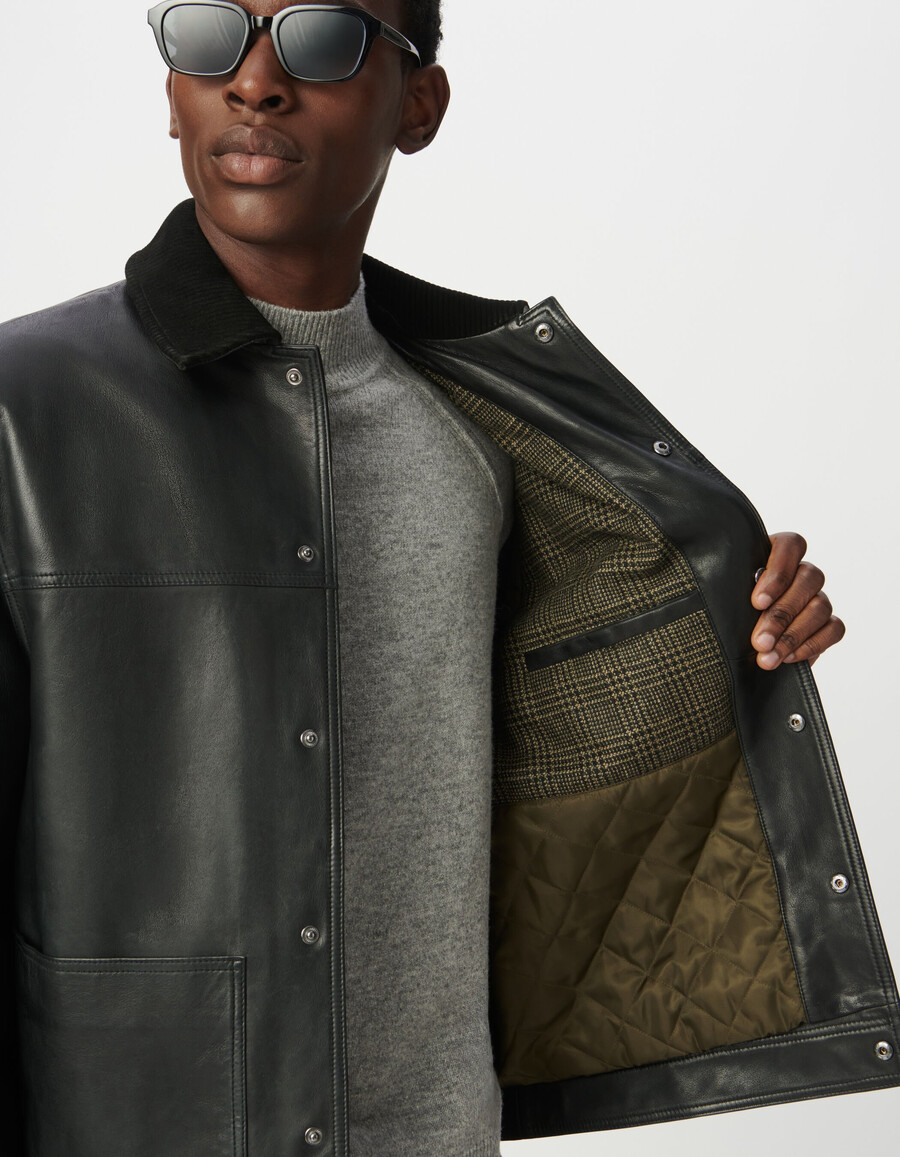 chaqueta de cuero negra para hombre con cuello de pana de cuero