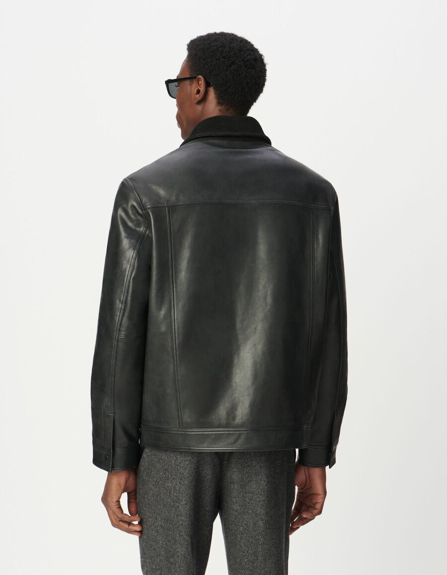 chaqueta de cuero negra para hombre con cuello de pana de cuero