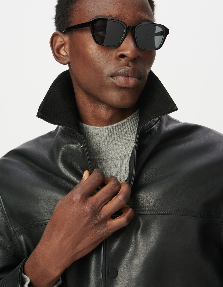 chaqueta de cuero negra para hombre con cuello de pana de cuero