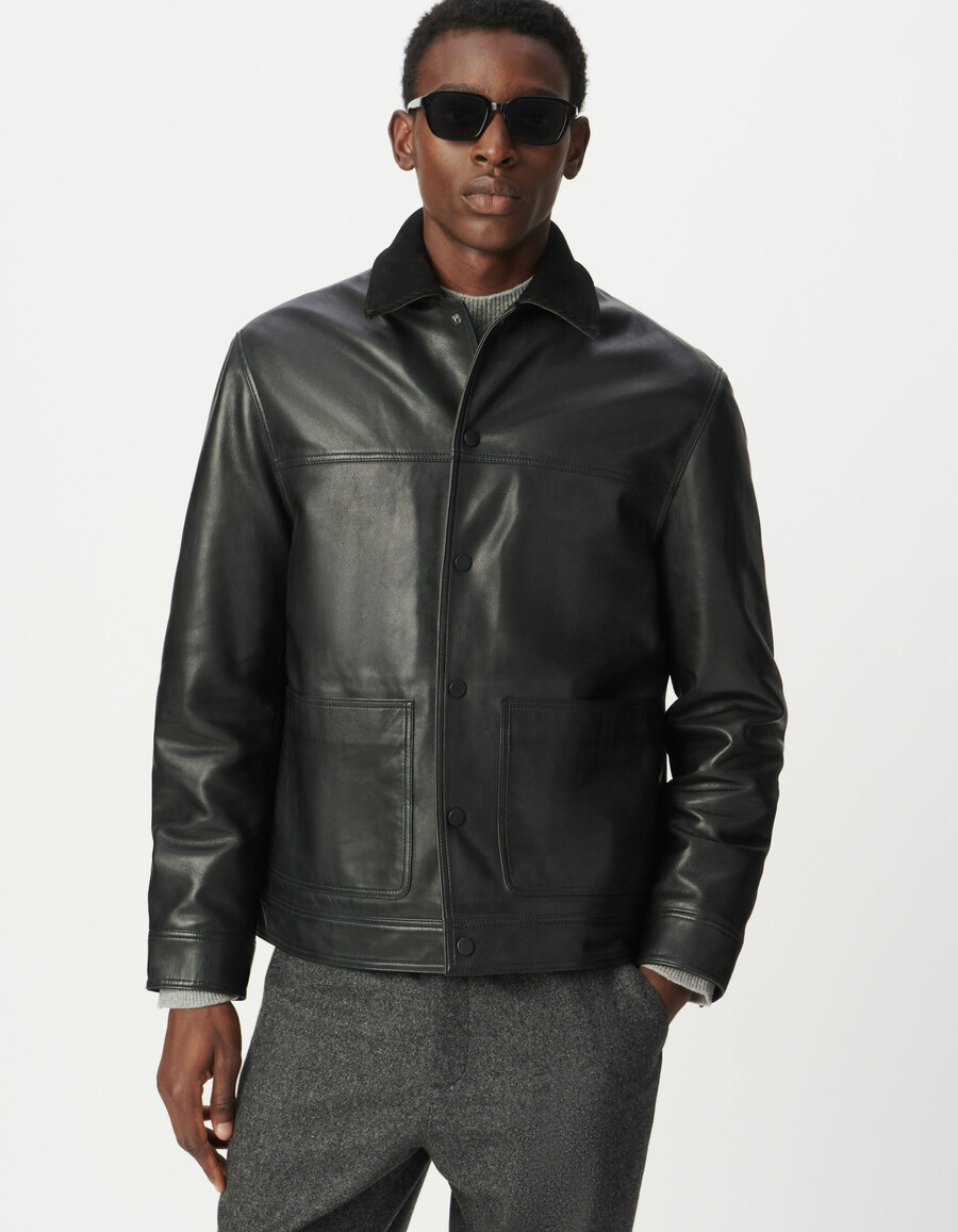 chaqueta de cuero negra para hombre con cuello de pana de cuero