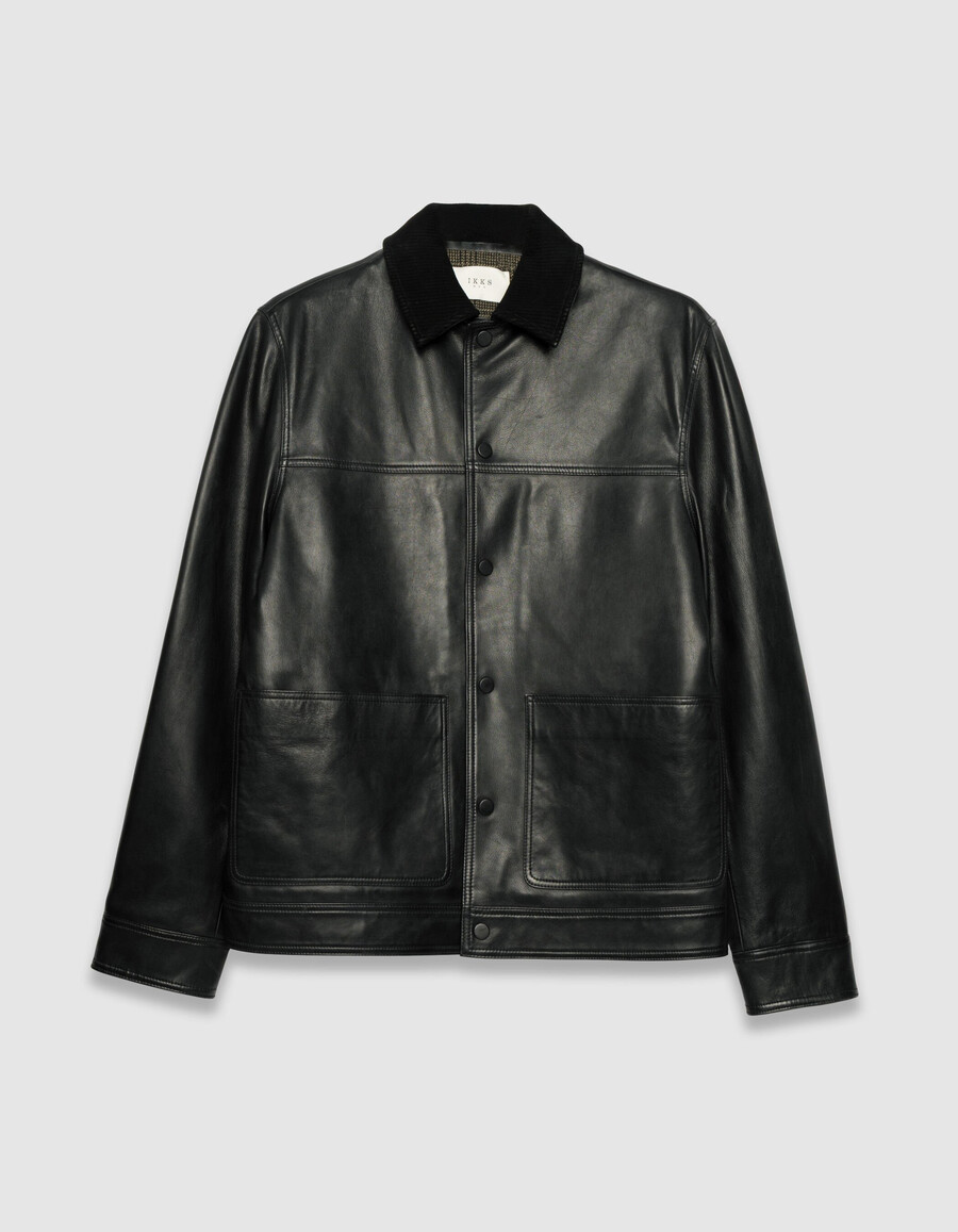 chaqueta de cuero negra para hombre con cuello de pana de cuero