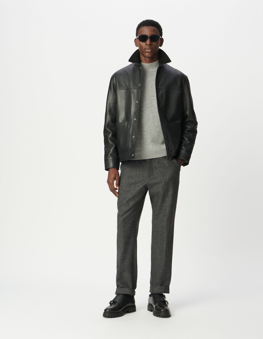 chaqueta de cuero negra para hombre con cuello de pana de cuero