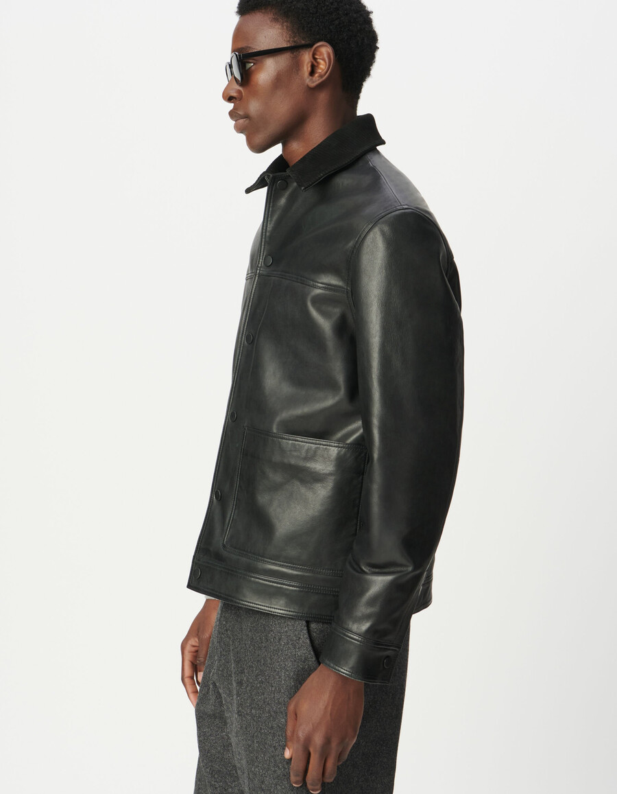 chaqueta de cuero negra para hombre con cuello de pana de cuero