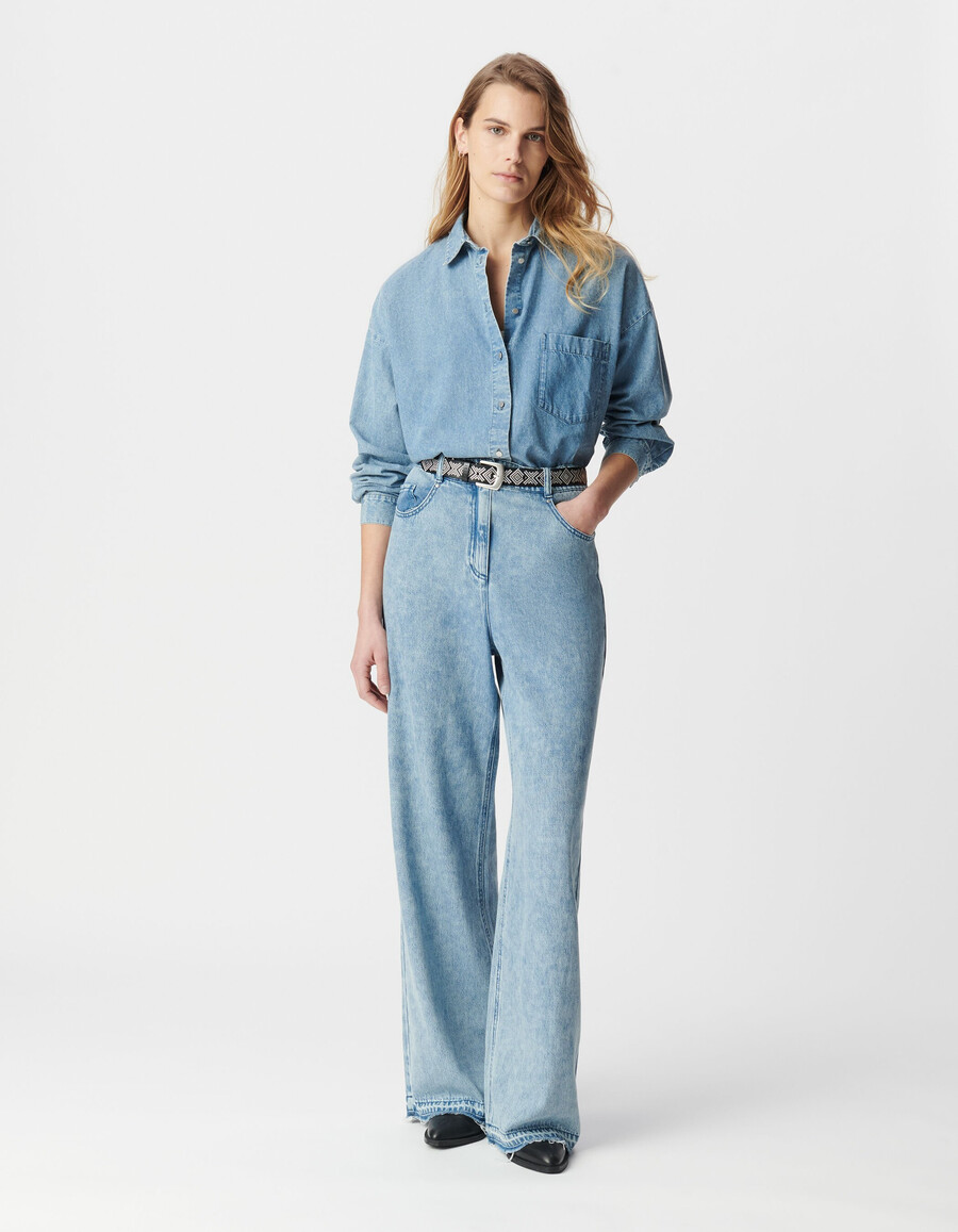 camisa vaquera holgada de manga larga de algodón orgánico azul para mujer