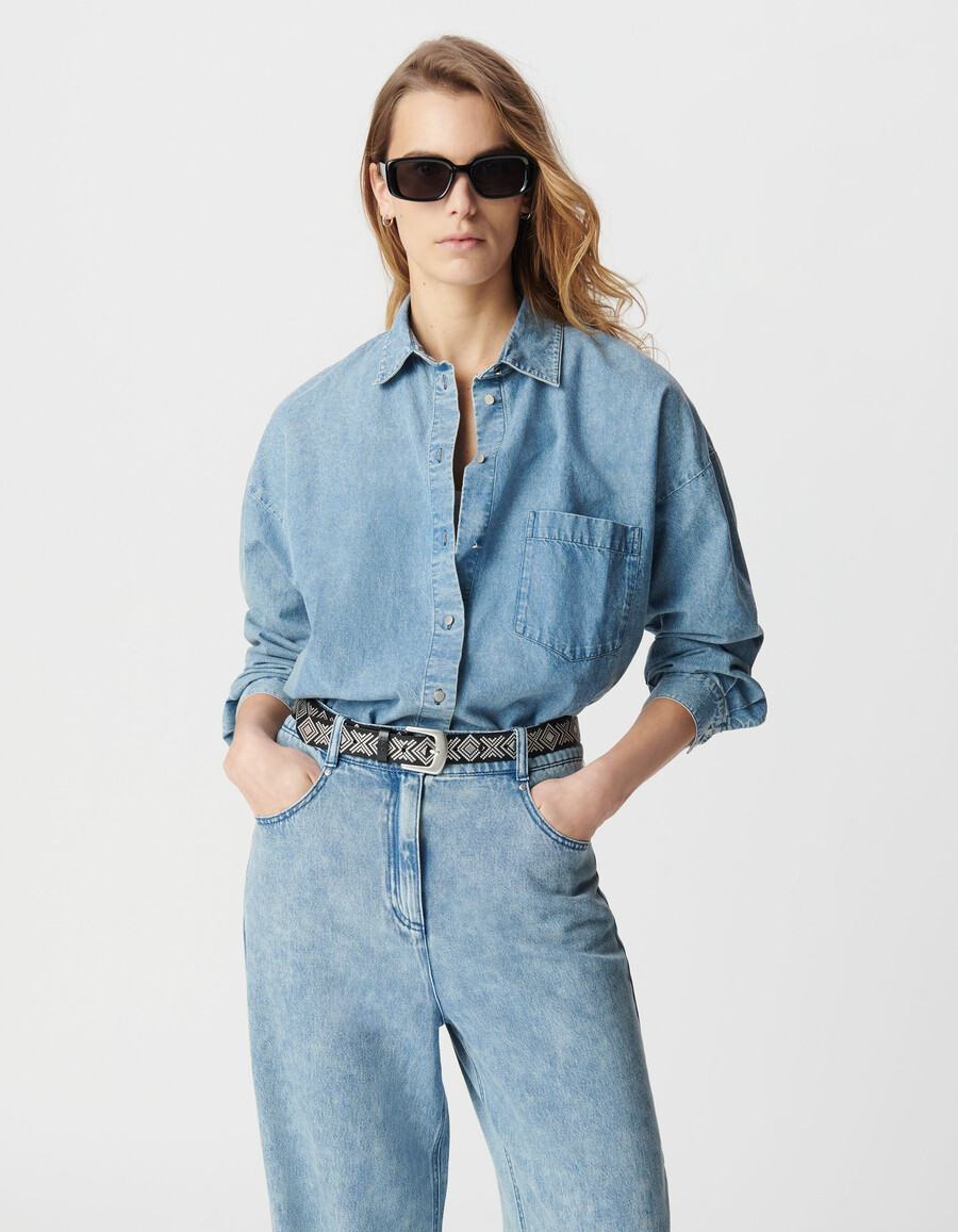 camisa vaquera holgada de manga larga de algodón orgánico azul para mujer