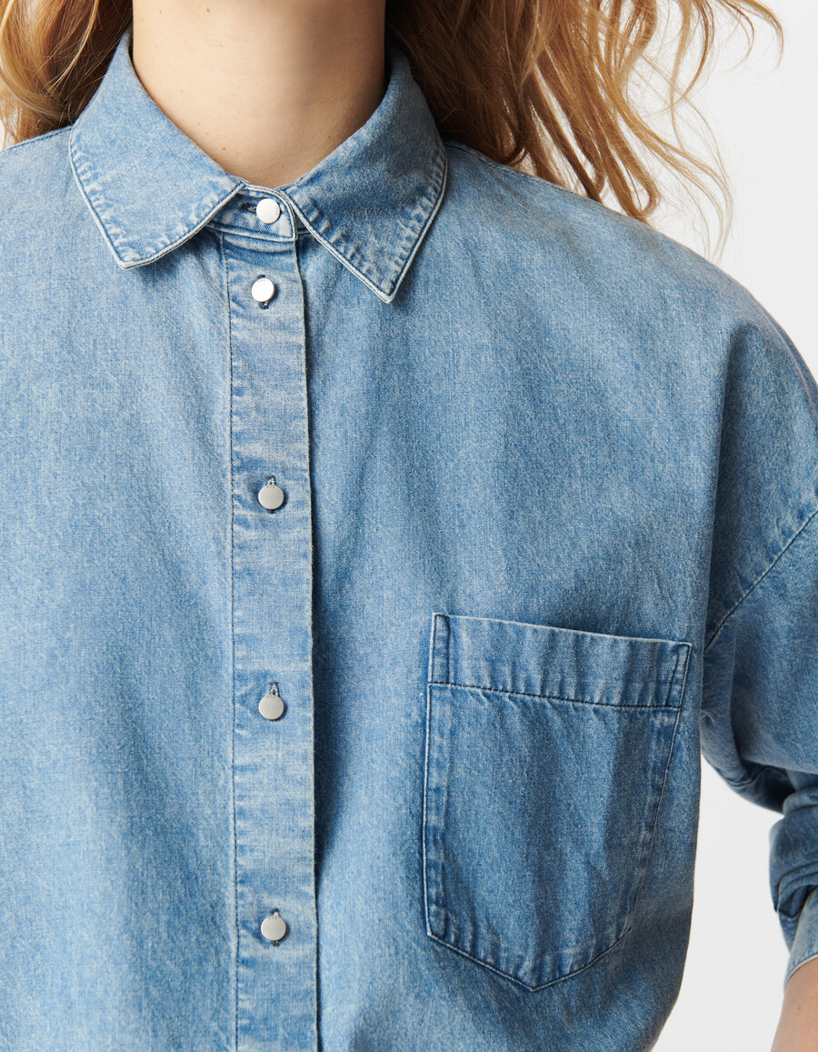 camisa vaquera holgada de manga larga de algodón orgánico azul para mujer