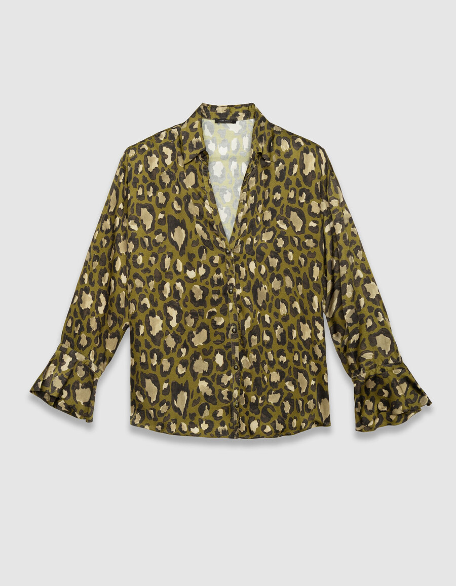 camisa de manga larga color caqui para mujer estampado de leopardo tachas