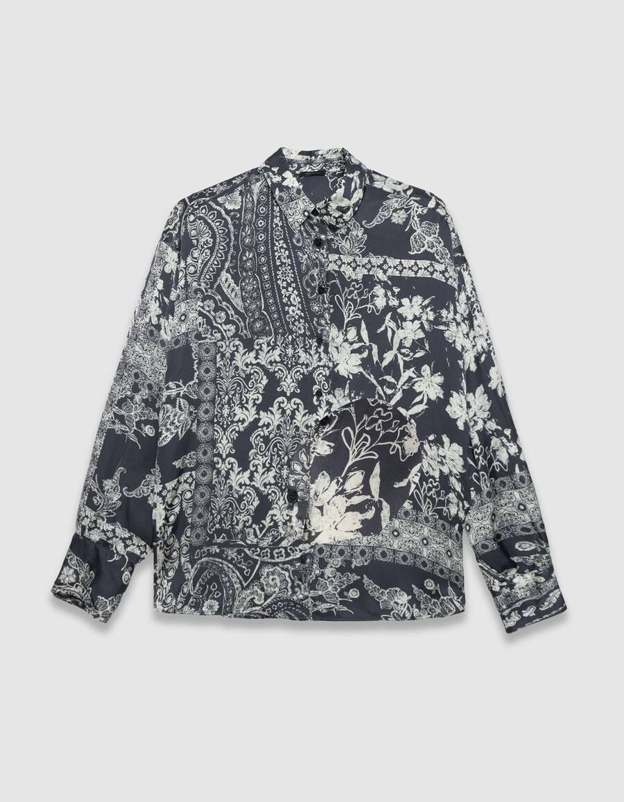 camisa de satén azul grisáceo para mujer con estampado de pañuelo