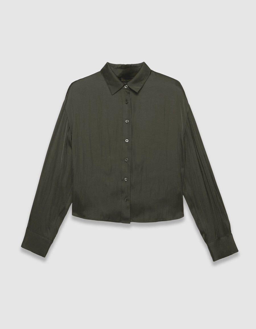camisa corta fluida de manga larga color caqui para mujer