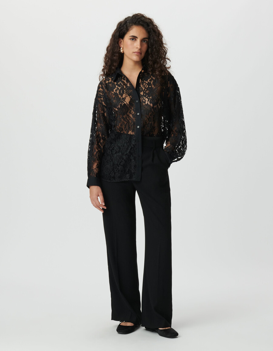 camisa de manga larga extragrande con encaje negro para mujer