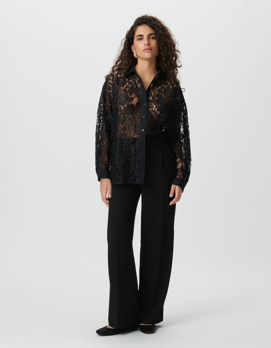 camisa de manga larga extragrande con encaje negro para mujer