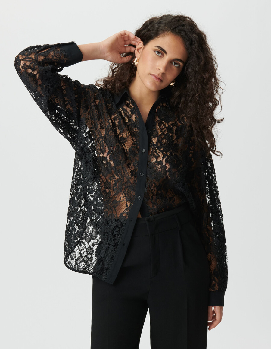 camisa de manga larga extragrande con encaje negro para mujer