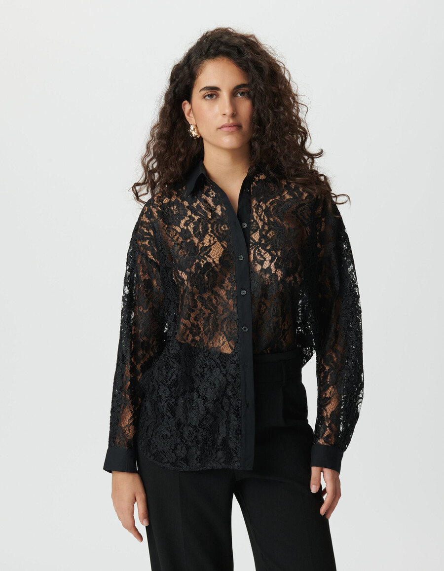 camisa de manga larga extragrande con encaje negro para mujer