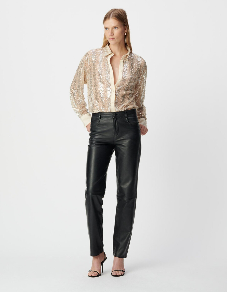 camisa de mujer con bordado de cuentas y lentejuelas doradas