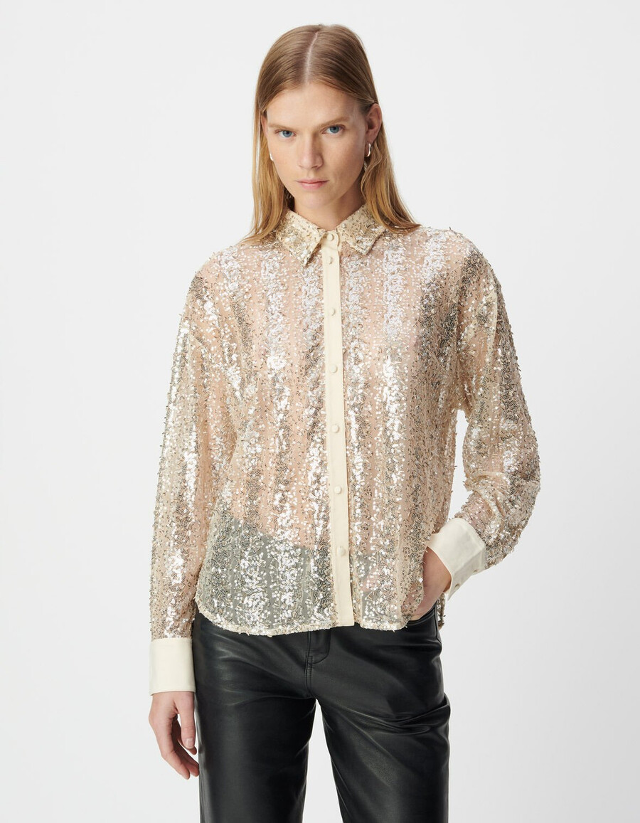 camisa de mujer con bordado de cuentas y lentejuelas doradas