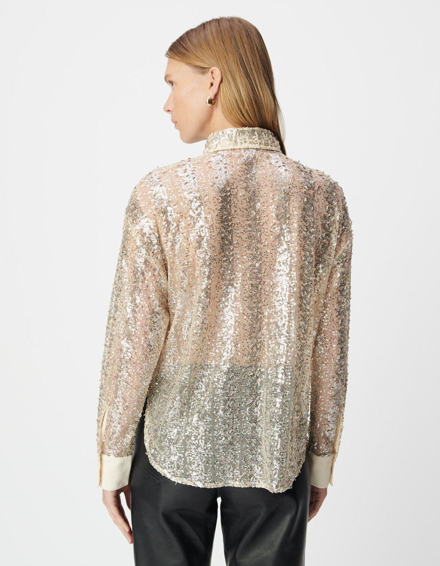 camisa de mujer con bordado de cuentas y lentejuelas doradas