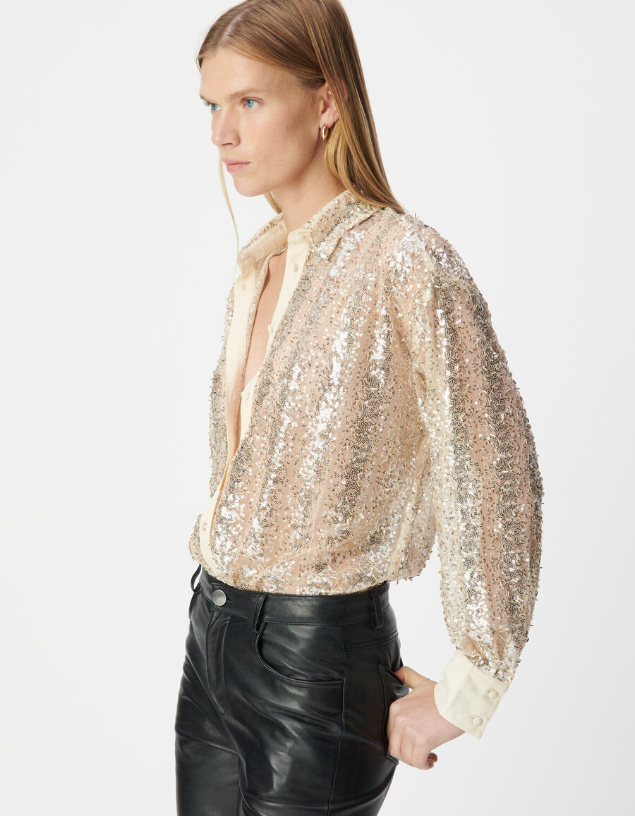 camisa de mujer con bordado de cuentas y lentejuelas doradas