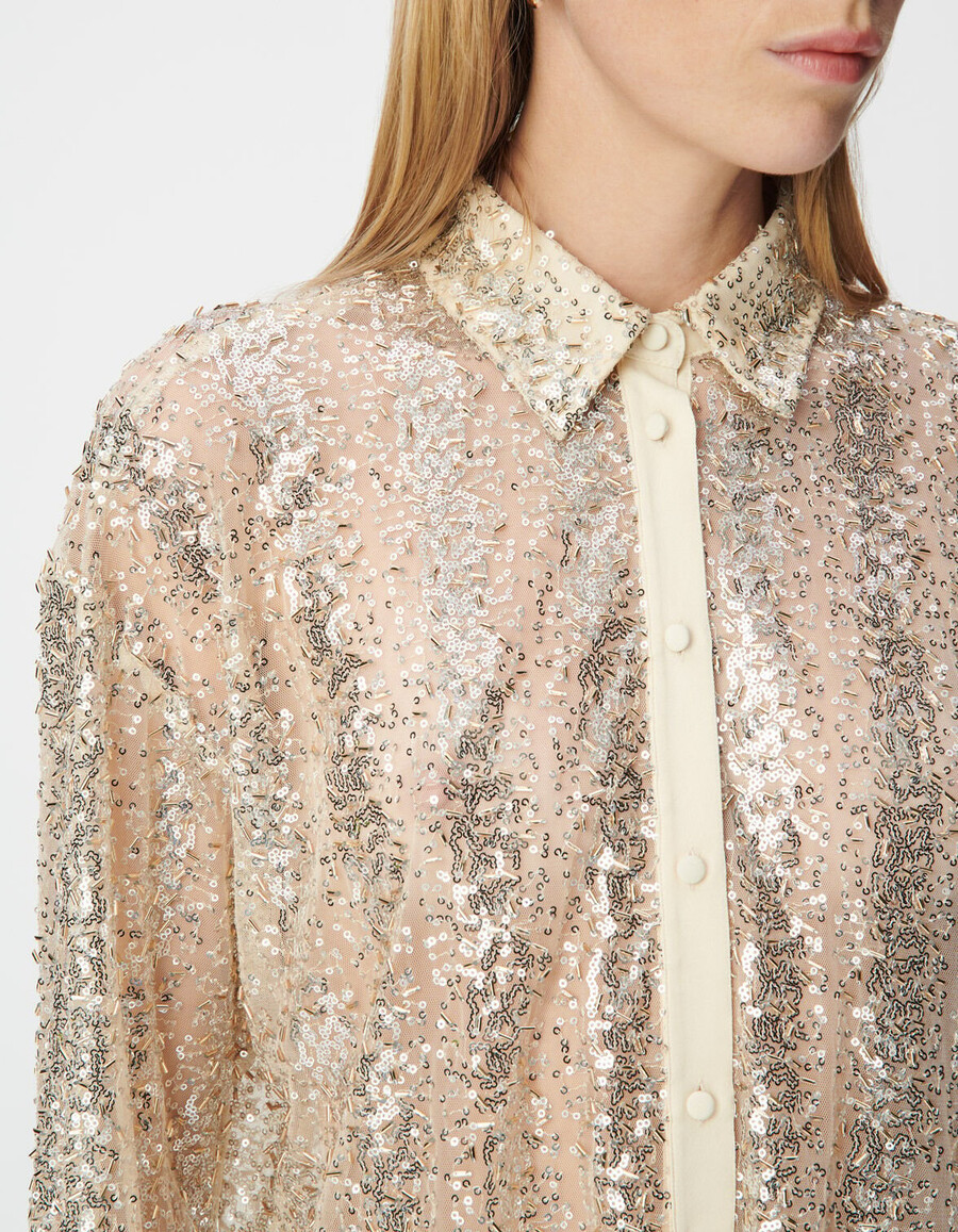 camisa de mujer con bordado de cuentas y lentejuelas doradas