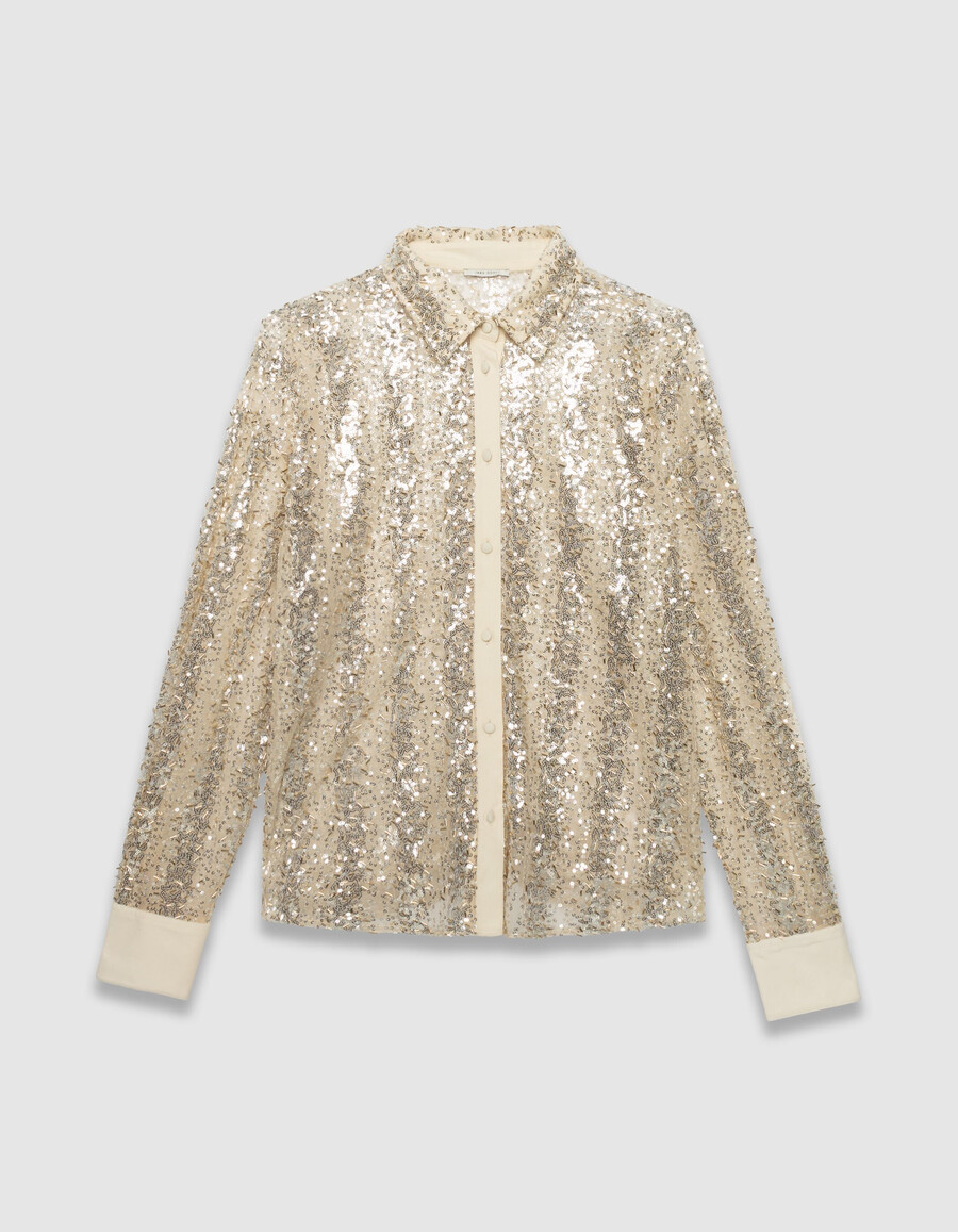 camisa de mujer con bordado de cuentas y lentejuelas doradas