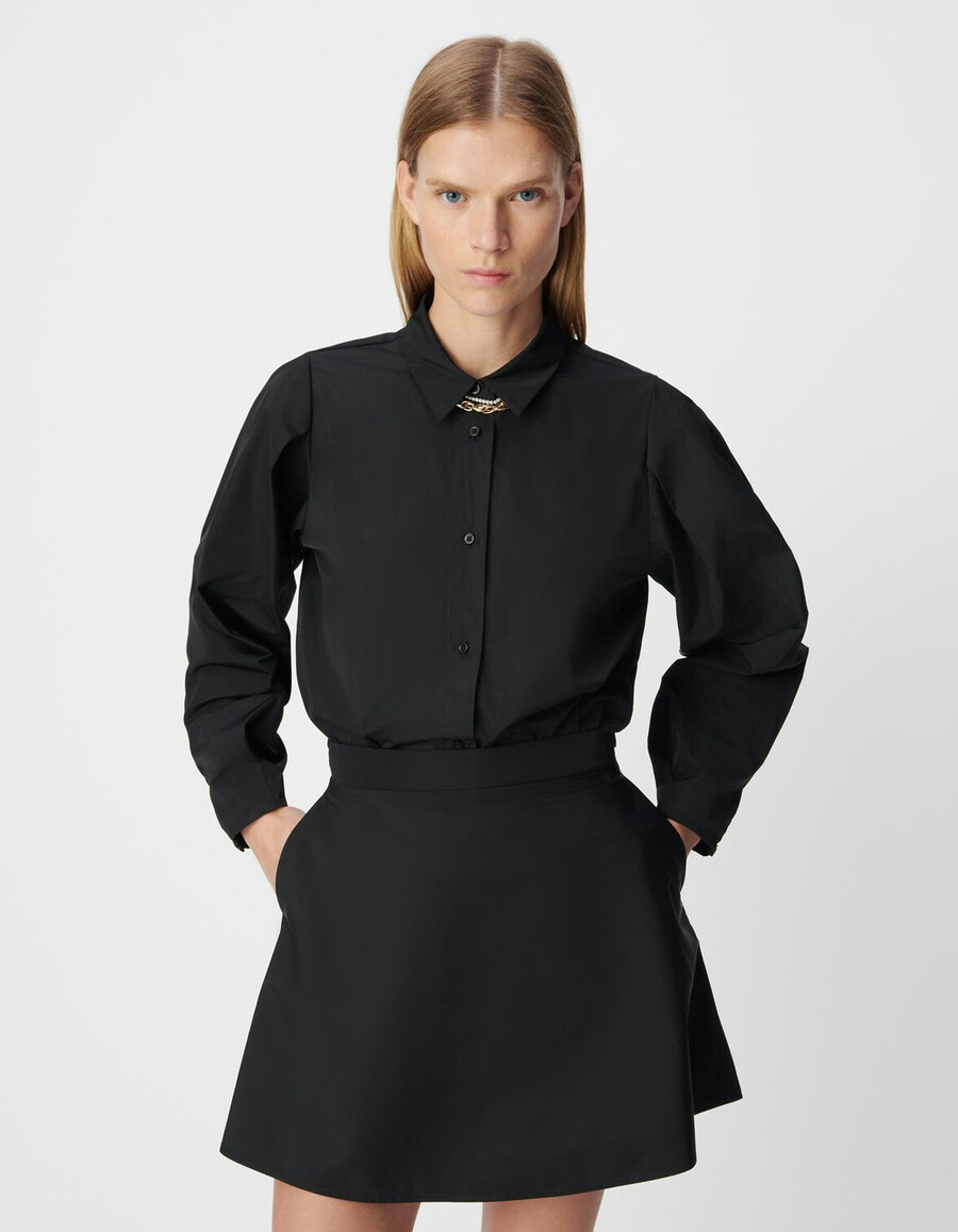 camisa de tafetán de satén negro para mujer
